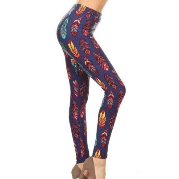 BLUE   Purple Multi Color Feather Print Full Length Leggings Size 12 NWT - Picture 3 of 4